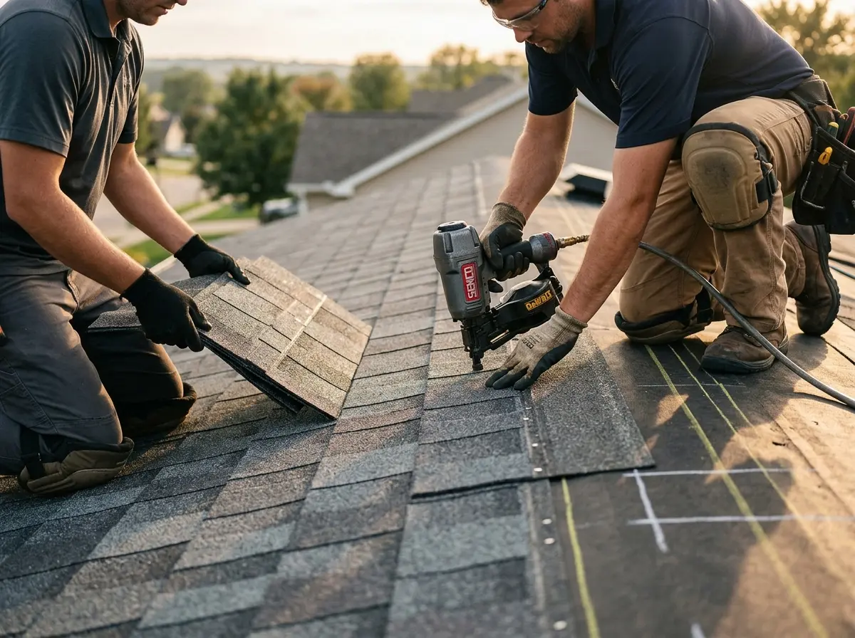 Professional roofer working on a residential roof in Largo